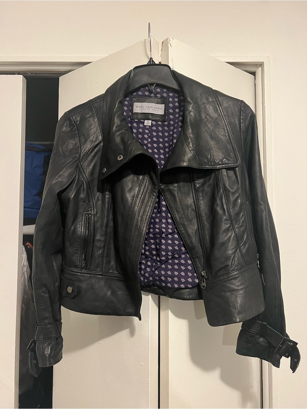Marc New York Black Leather Biker Jacket with Quilted Lining